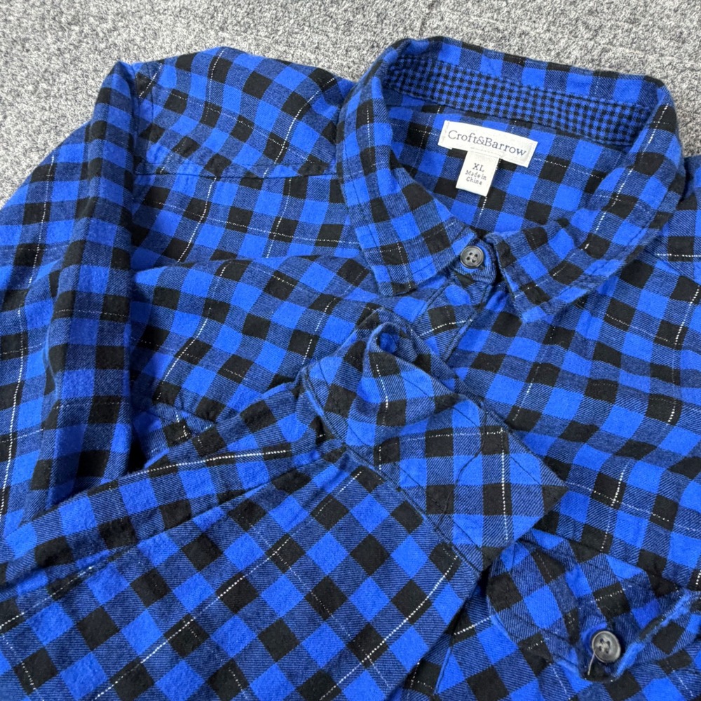 Croft & Barrow‎ Womens XL Blue Black Buffalo Plaid Metallic Lurex Flannel Shirt